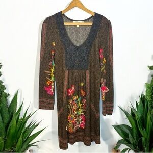 ARYEH Boho Artsy Peasant Floral Print Lace Crochet Mixed Media Long Sleeve Dress